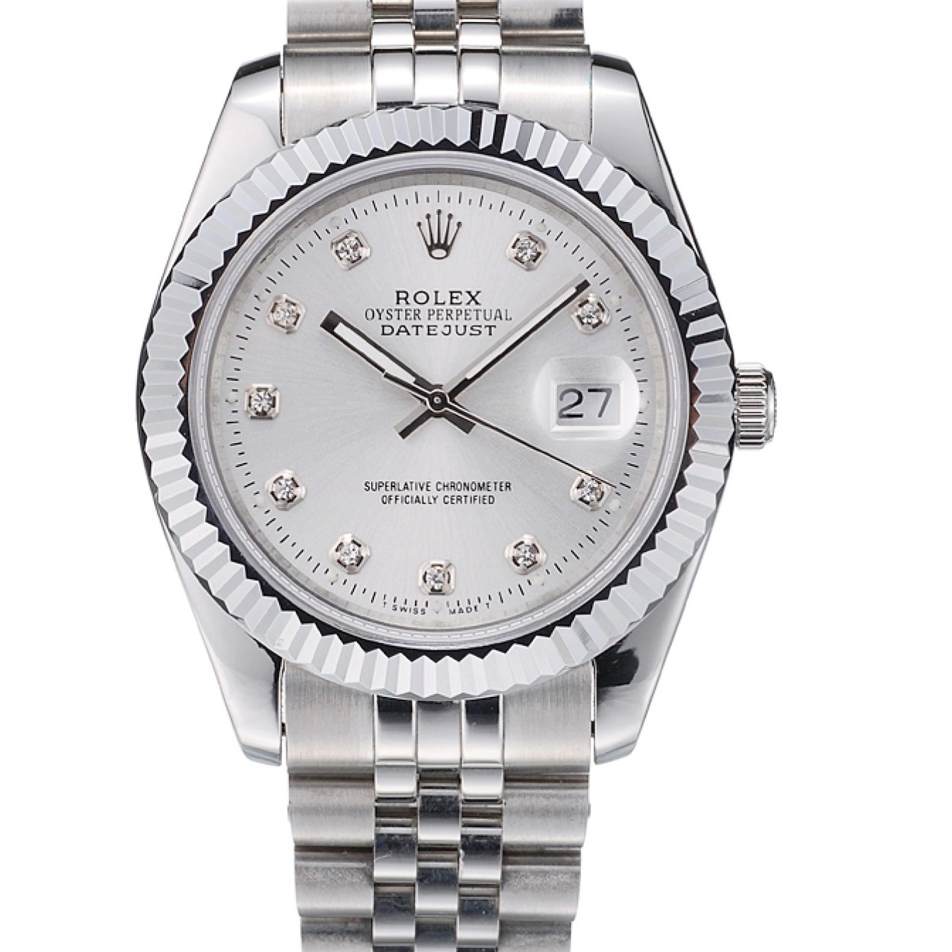 Rolex aaa copy Steel Rolex Silver Dial DateJust Bezel Ribbed Stainless 41977 0717